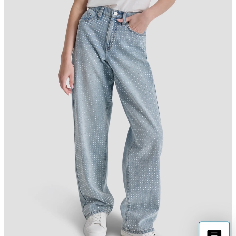 Rhinestone Studded Light Blue Wide Leg Jeans